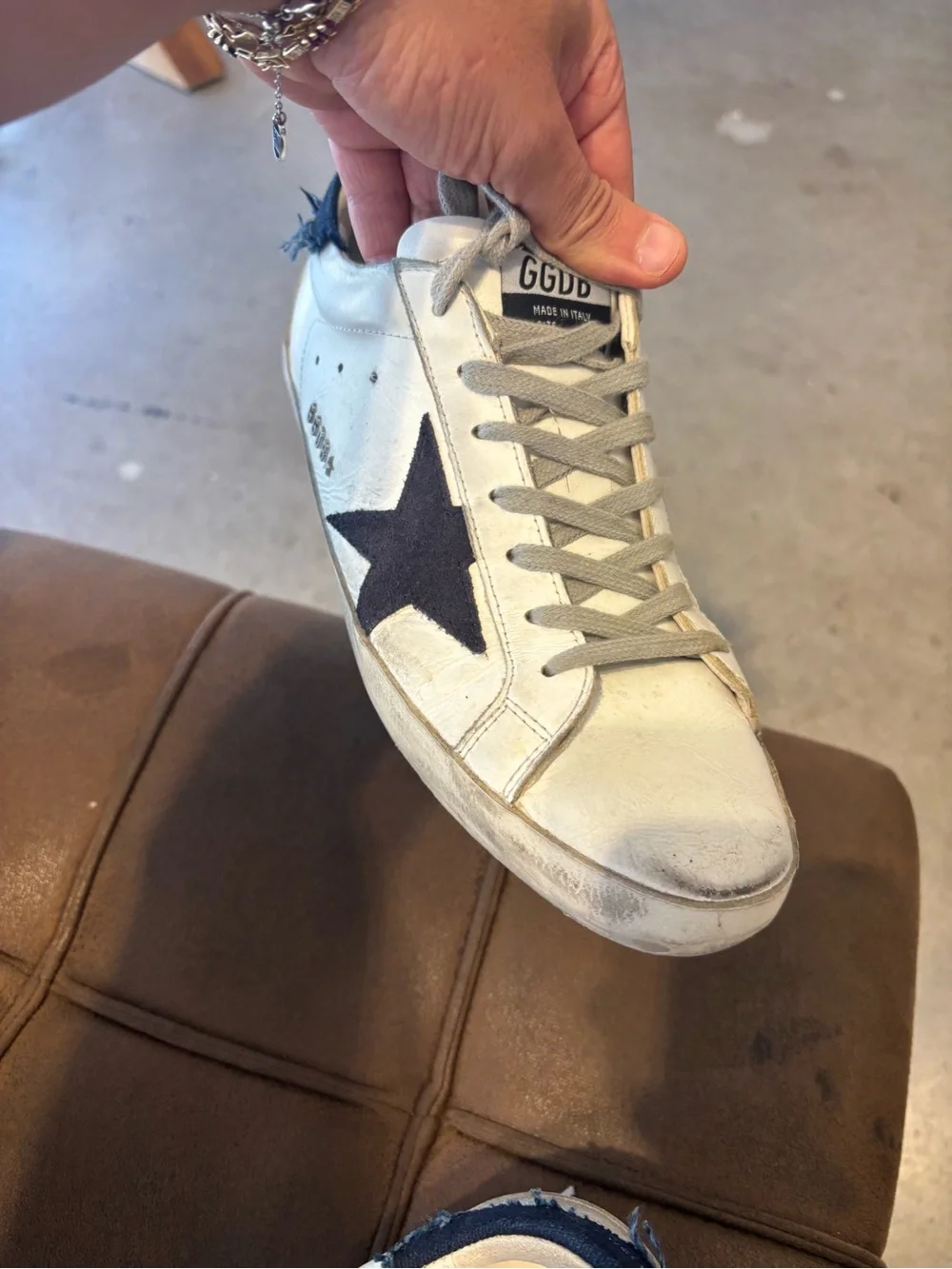 Golden Goose White Leather Sneaker with Navy Star and Heel